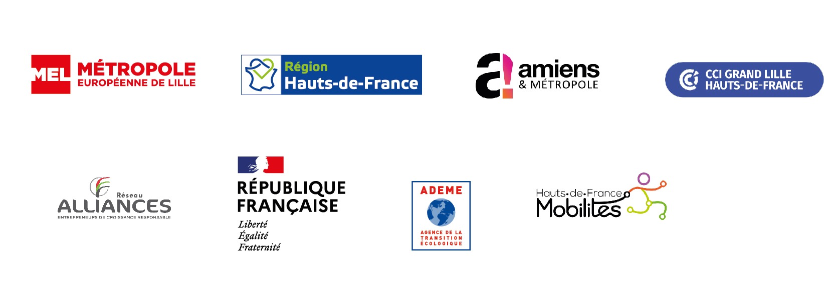 Direction régionale de l’Ademe, Amiens Métropole, les CCI Grand Lille et Hauts-de-France, le Conseil Régional Hauts-de-France, Hauts-de-France Mobilités, la Métropole Européenne de Lille et Réseau Alliances Direction régionale de l’Ademe, Amiens Métropole, les CCI Grand Lille et Hauts-de-France, le Conseil Régional Hauts-de-France, Hauts-de-France Mobilités, la Métropole Européenne de Lille et Réseau Alliances